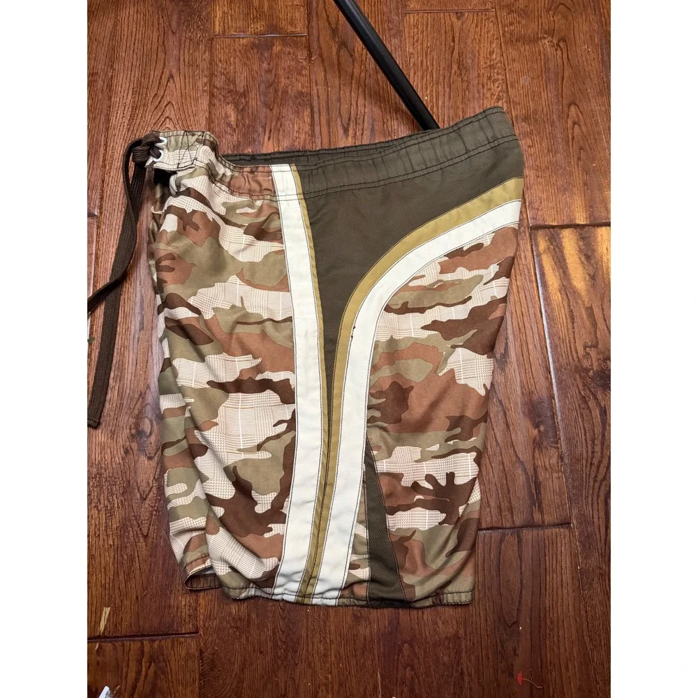 OP‎ Ocean Pacific Mens Camo Board Shorts Brown Tan White Stripe Swim Trunks  M